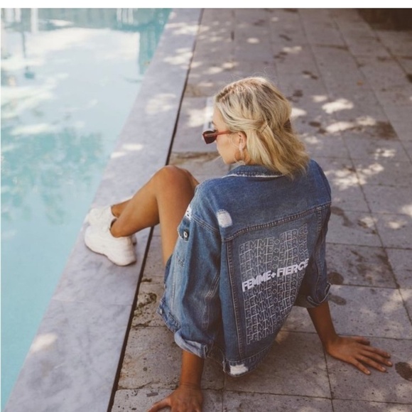 NEW Cotton On Denim Jacket Femme Fierce Graphic Worn In Statement Denim Jacket - Picture 15 of 15